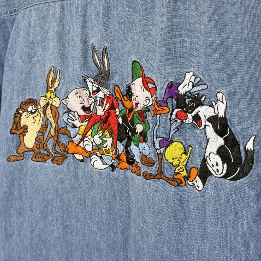 Vintage Denim Looney Tunes Acme Clothing Co. Embroidered Button Up Shirt Size XL